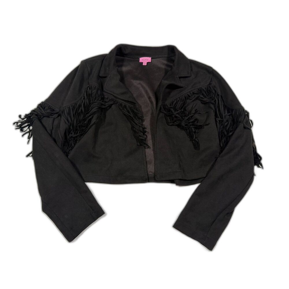 Francescas Mi Ami Black Faux Suede Fringe Cropped Western Jacket Medium